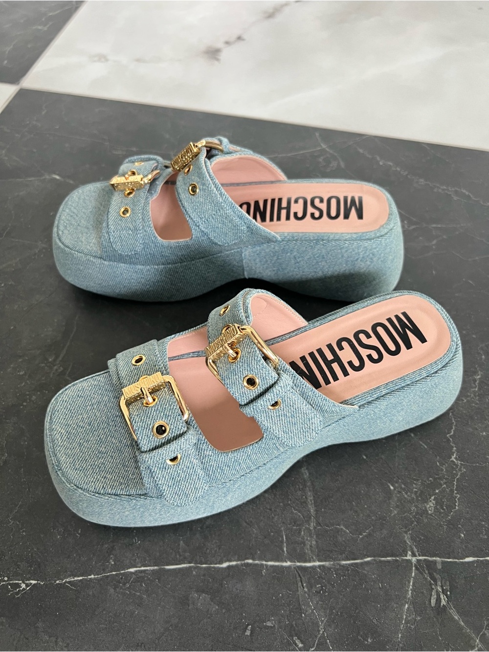 Moschino Milano Denim Platform Sandals Gold Buckle Size 41